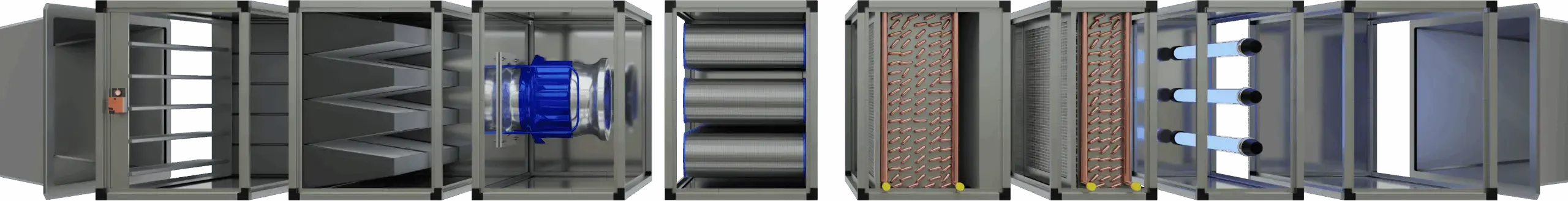 Modularer Aufbau einer Lüftungsanlage (AHU) — Explosionsansicht der Module