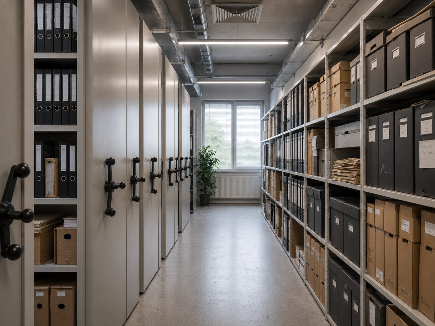 Archivraum mit Regalen und Lüftungskanal